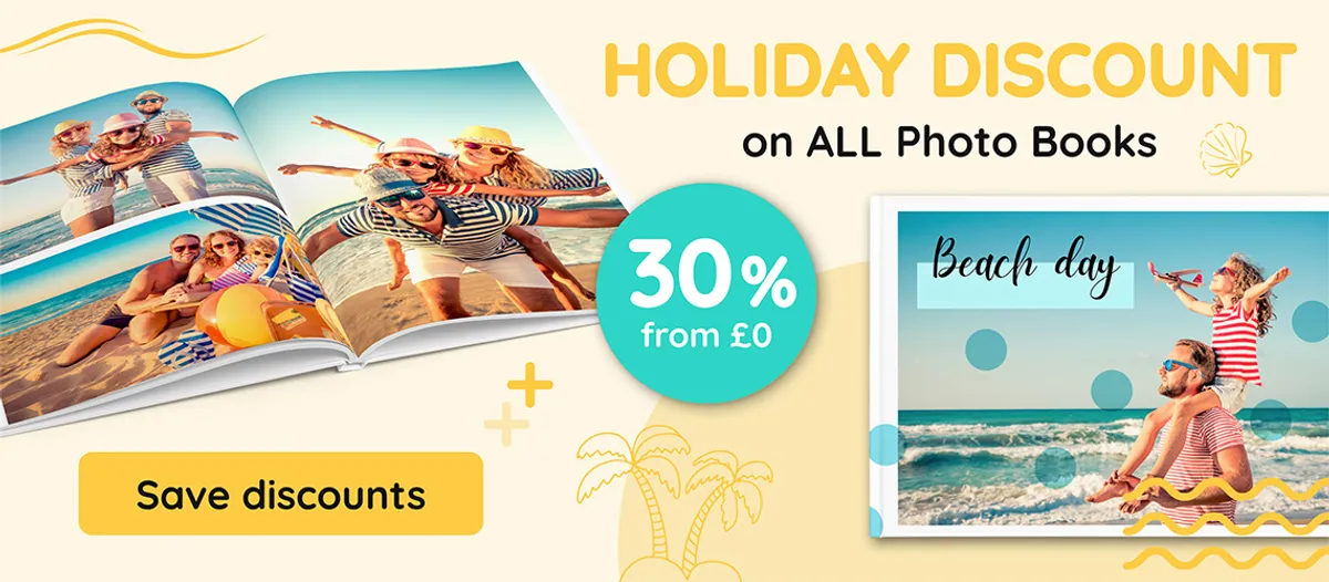 Photo books featuring a family’s holiday photos against a turquoise background, and a discount badge offering 30 per cent off